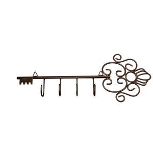 French Vintage Wrought Iron Key Shaped Wall Mount Key Holder 5 Hooks 17 in